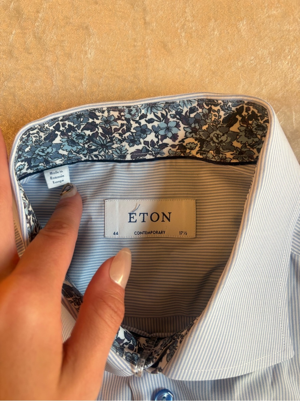 Eton Light Blue Dress Shirt with Floral Contrast Trim - Picture 4 of 5